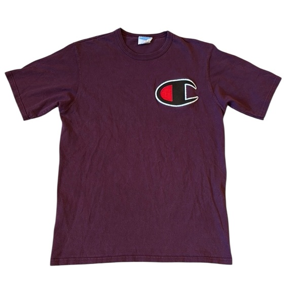 Champion Embroidered Logo T-Shirt Maroon Red Cotton Athletic Short Sleeve Large - Picture 1 of 8